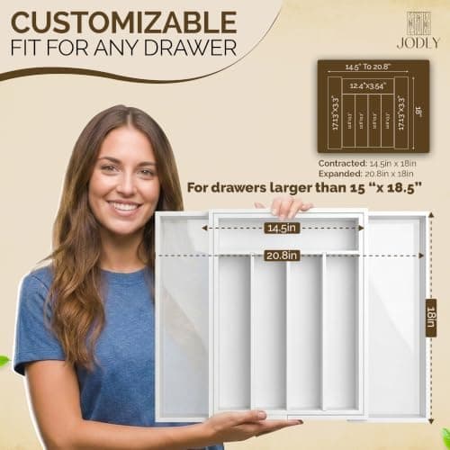 JODLY Bamboo Kitchen Utensil Drawer Organizer for Silverware | 100% Natural Expandable 14-20 Inch Kitchen Drawer Organizers for Utensils | Non-Slip Base | Screwed Joints for Long-Lasting Durability - Thumbnail 4