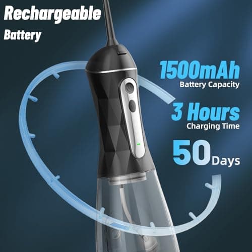 Water Dental Flosser Teeth Pick: Portable Cordless Oral Irrigator 320ML Rechargeable Travel Irrigation Cleaner IPX7 Waterproof Electric Flossing Machine for Teeth Cleaning (Black) - Thumbnail 4