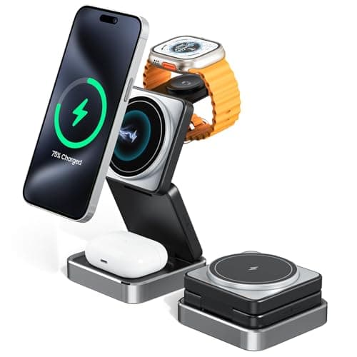 3-in-1 Wireless Charger for iPhone,15W Fast Wireless Charging Station Compatible with Mag-Safe Charger,Magnetic Foldable Travel Charger Stand Nightstand for iPhone 17/16/15/14,Apple Watch&AirPods