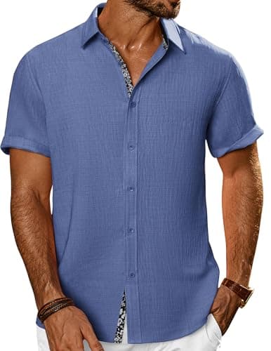 PJ PAUL JONES Men's Button Down Short Sleeve Shirt Casual Summer Beach Textured Wedding Shirts Denim Blue - Image 1