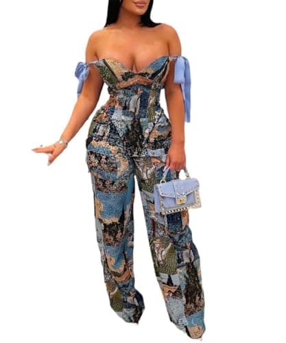 knowfashionstyle Sexy 2 Piece Sets For Women Going Out Sleeveless Croset Top And Wide Leg Pants Set Party Birthday Outfits Blue Print 2Xl - Image 1