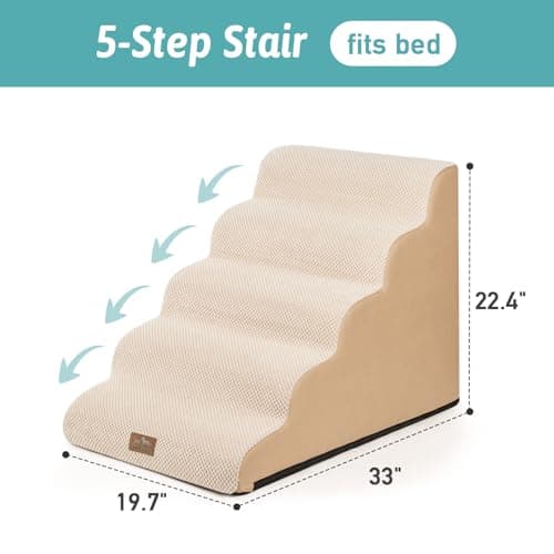 Extra Wide Dog Stairs 19.7" Width, Pet Step for Small Medium/Large Dog, Puppy or Cat, Pet Ramp for High Bed or Car, High Density Foam Ladder, Stable, 5 Step, 19.7x33x22.4 in, Beige - Thumbnail 6