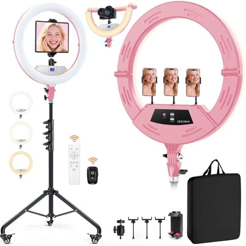 22" Foldable Ring Light with Stand for iPhone ipad, 75" Tripod with Wheels 50W 6500K LED Display/2 USB Ports Large Ringlight Rolling, Tattoo Barber Makeup Studio Video Photography Lighting(Pink)