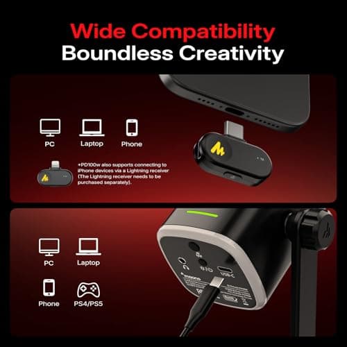 MAONO PD100W Wireless USB Dynamic Microphone, Gaming PC Mic with One-Click Noise Reduction,Mute Button,Custom RGB,3.5mm Headphone Jack,Software,Podcast Streaming Mic (Boom Arm(USB-C Receiver), Black) - Thumbnail 3