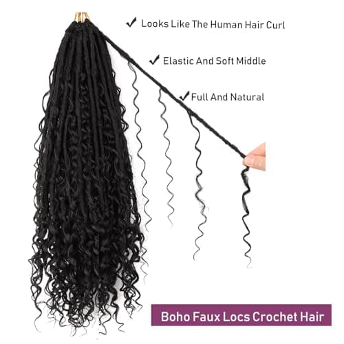 Goddess Locs Crochet Hair for Black Women -24 Inch 8 Packs Boho Faux Locs Crochet Hair Pre Looped Soft Locs Crochet Braids with Curly Ends - Thumbnail 2