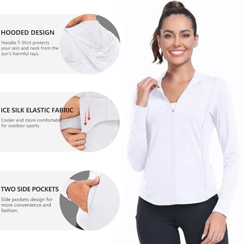 AGVNG Womens UV Protection Sun Hooide Full Zip Jackets Lightweight Quick Dry UPF 50+ Long Sleve Sun Shirts Hiking Running Outdoor Tops White XXL - Thumbnail 4