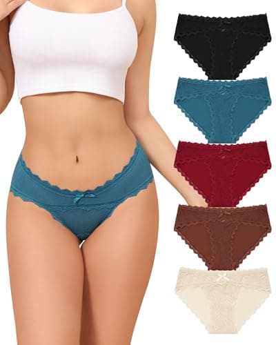 Oegho Womens Underwear Cotton Cheeky Bikini Panties Sexy Lace Briefs Soft Stretch Hipster for Ladies 5 Pack - Image 1