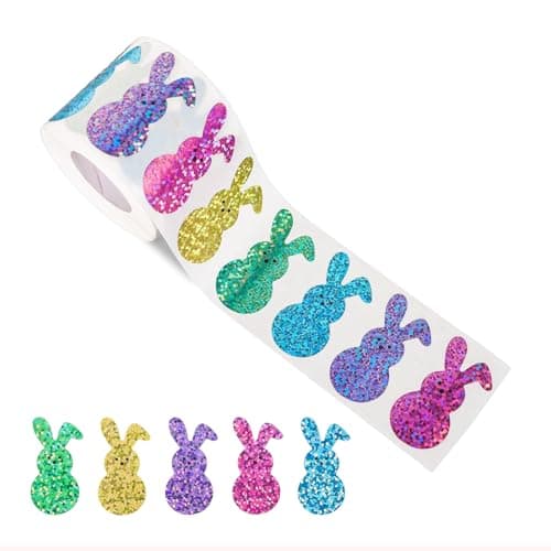 Oeyliz Easter Bunny Stickers Roll Easter Glitter Bunny Stickers Sparkly Colorful Rabbit Pattern Decals Easter Rabbit Adhesive Decal for Envelope Cards Gift Decor Holiday DIY Craft 500 PCS
