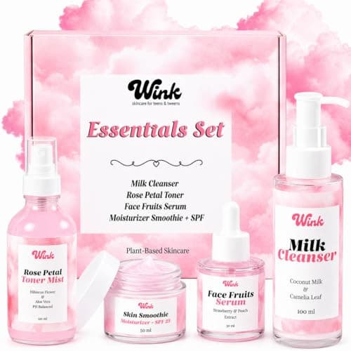 Wink Skin Care Kit for Teens | Plant-Based Facial Kit for Girls & Tweens, 4-Piece Set with Milk Cleanser, Rose Petal Toner, Face Fruit Serum & SPF Moisturizer, Mom-Approved Essential Kit for Young - Image 1
