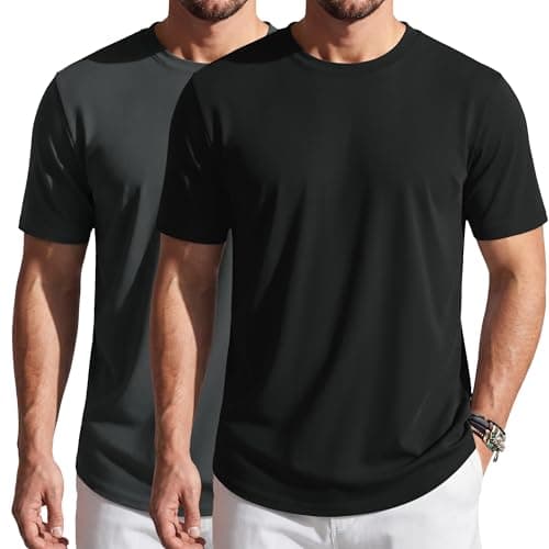 Cotrasen Mens T-Shirts Short Sleeve Curved Hem UPF 80+ Lightweight Moisture Wicking Cooling Casual Crewneck Tee Shirts, Pack of 2 Black/Dark Grey