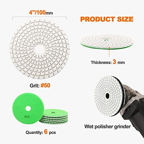 Wet Diamond Polishing Pad Set,BRSCHNITT 6pcs 4 inch #50 for Stone Marble Quartz Granite Sanding Disc Polisher Pads Kit Tools for Wet Grinder Polisher,Countertop Polish,Grinder - Thumbnail 5