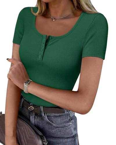 GKBK Womens Summer Tops Short Sleeve Henley Shirts Ribbed Knit Scoop Neck Tshirt Casual Basic Slim Tee Forest Green S - Image 1