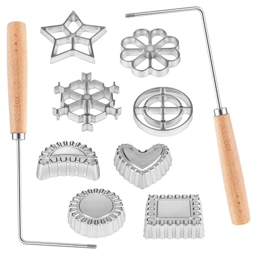 Foorey Home Rosette Maker with 8 Heads Bunuelos Mold with 2 Handle Waffle Cooking Stamp Cookie Press Mold for Kitchen Baking Funnel Cake Mould Star Flower Circle Heart Hexagon Square 10 Pieces - Image 1