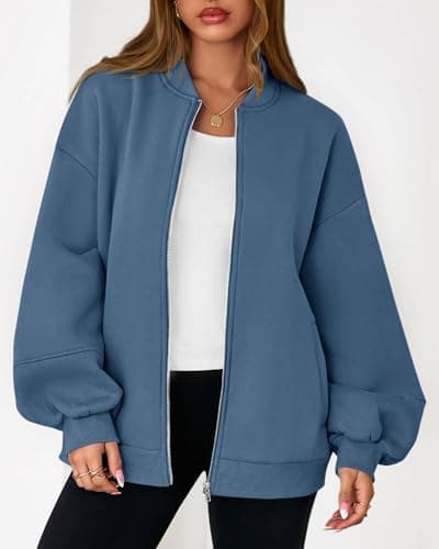 KIRUNDO Oversized Sweatshirt for Women Zip Up Bomber Jacket 2026 Fall Fashion Casual Long Sleeve Outerwear Winter Outfits(Blue, Small) - Thumbnail 6
