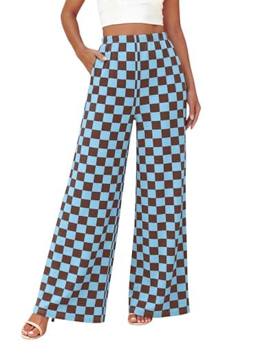 BTFBM Womens Checkered Palazzo Pants Wide Leg High Waisted Pockets Gingham Casual Lounge Pajama Trousers Summer Outfits(Plaid Coffee Blue,Large) - Image 1