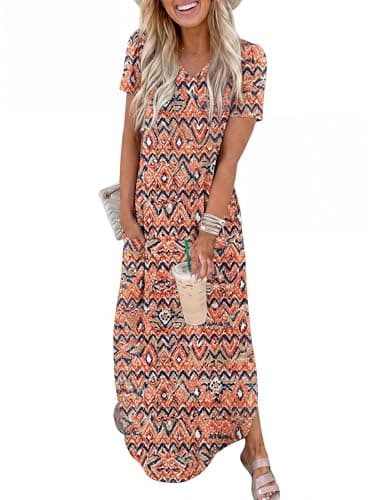 ANRABESS Women’s Summer Maxi Dress V Neck Short Sleeve Slit Side Shirt Dress Loose Fit Travel Beach Dress with Pockets Orange Blue Diamonds X-Large - Image 1