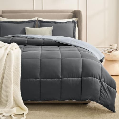 Homelike Moment Queen Comforter Set Grey, Comforters Queen Size Set, Soft Lightweight Down Alternative Bed Comforter Full Size Reversible All Season 3 Pieces Sets Grey/Light Gray - Image 1