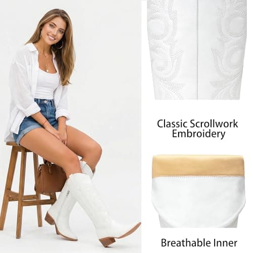 Cozivwaiy Knee high Cowboy Boots Women Embroidered White Tall Boots 1.96 Inch Heels Pull on Cowgirl Boot Pu Leather Western Ranch Boot Country Concert Shoes Zipper Chunky 9 - Thumbnail 5