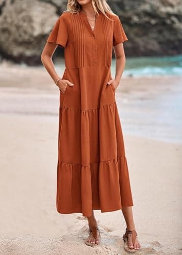 KIRUNDO Summer Maxi Dresses for Women 2026 Spring Fashion Short Sleeve Button V Neck Pleated Loose Tiered Swing Flowy Dress(Rust Red, XX-Large) - Thumbnail 5