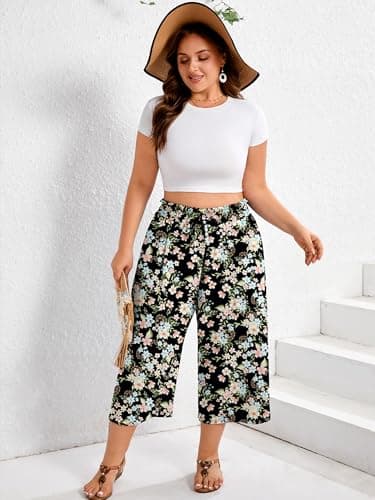 AusLook Plus Size Capri Wide Leg Pants for Women with Pockets High Waisted Elastic Drawstring Summer Casual Flowy Boho Vacation Beach Cropped Black Ditsy Florals 3X Trousers - Thumbnail 4