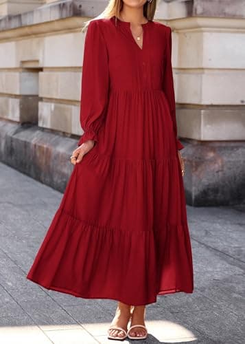 Lazysmile Long Sleeve Dress for Women Wine Red - Thumbnail 6