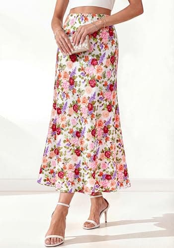 BTFBM Midi Skirts for Women 2026 Summer Spring Lightweight A Line High Waisted Wedding Guest Party Silk Long Skirt(Floral White Multicolored, Small) - Thumbnail 4