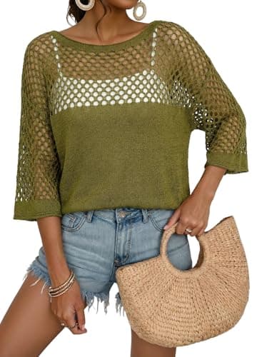 Dokotoo Women's Summer Crochet Cover Ups Half Sleeve Hollow Out Swim Tops 2026 Spring Beach Bikini Swimsuit Tunic Beach Vacation Cruise Outfits Vineyard Green - Image 1