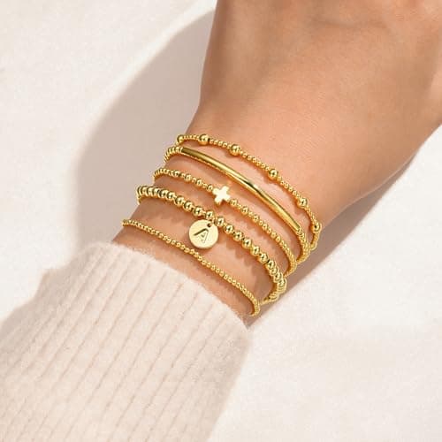 Turandoss 5PCS Cross Beaded Bracelets for Women Jewelry Gifts - Dainty 18K-Gold-Plated Letter A Initial Bracelet Cross Bracelets for Women Layered Stretch Bead Stackable Bracelet Jewelry Set Gifts - Thumbnail 2