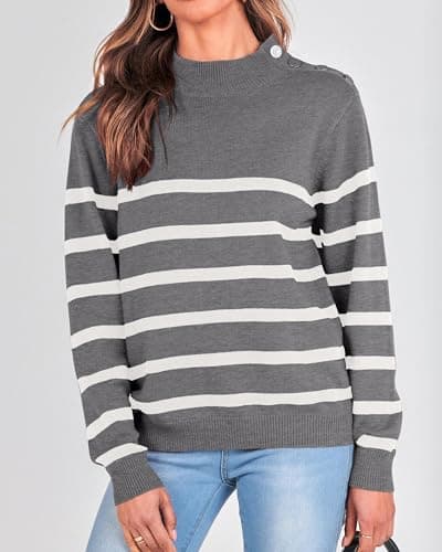 KIRUNDO Fall Sweaters for Women 2026 Striped Turtleneck Ribbed Knit Sweater Trendy Pullover Jumper Winter Fashion Clothing(Large, Gray) - Thumbnail 4
