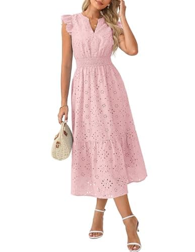 GRACE KARIN Womens Summer Boho Maxi Dress Casual 2026 Spring V Neck Eyelet Dresses Flowy Vacation Beach Sundress with Pockets Pink L - Image 1