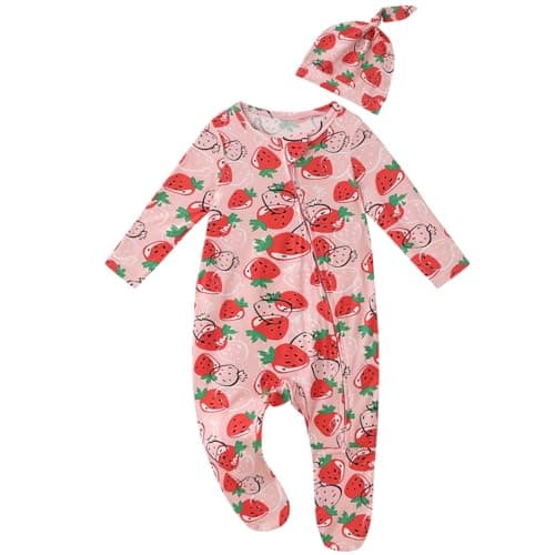 NewSeed Baby One-Piece Footies Long Sleeve Rompers 2-Way Zipper, Baby Bodysuit Bamboo Clothes for Boys Girls (Strawberry, 3-6M) - Image 1