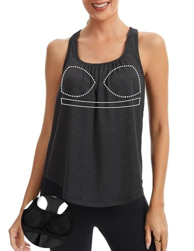 SLIMBELLE Built in Bra Workout Tank for Women Running Yoga Gym Tennis Sport Cami Shirt Racer Back Crewneck Loose Fit Top Black S - Image 1
