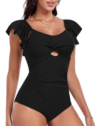 VIAURBE Women's One Piece Swimsuit Ruffle Slimming Tummy Control Bathing Suit High Waist 1 Piece Swimwear Black S - Thumbnail 4