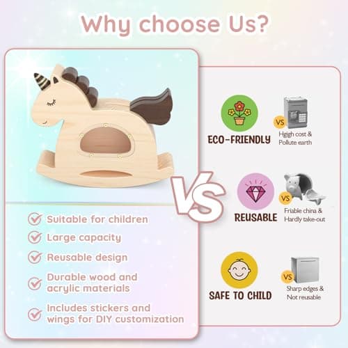 Summidate Unicorn Piggy Bank for Kids Girls,Wooden Rocking Horse Money Banks for Toddlers,Unbreakable Wood Coin Saving Box, Personalized Present Toys for Child Birthday & Decor (Naturl, Standard) - Thumbnail 5