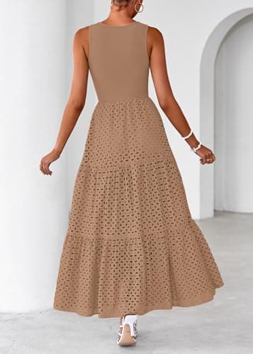 Lazysmile Womens Summer Dresses Crewneck Sleeveless A-Line Hollow Out Eyelet Tiered Tank Maxi Dress Sundress with Pockets Khaki - Thumbnail 2