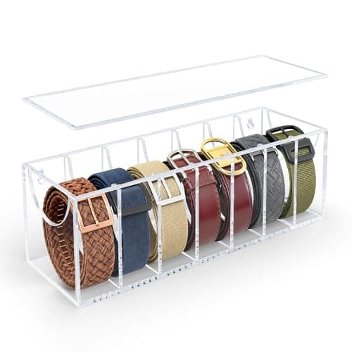 Oubou Belt Organizer, Acrylic Belt Storage Organizer for Closet with Dust Cover and Drawer,7 Compartments Transparent Display Case for Belts Best Gift for Men And Husband - Image 1