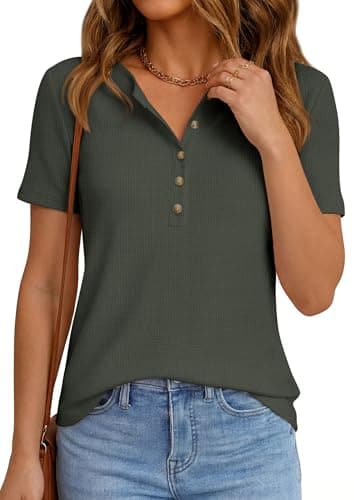 PRETTYGARDEN Waffle Knit Tops for Women Short Sleeve Henley Shirts 2026 Summer Blouses Dressy Casual Spring Fashion Clothes (Army Green,Large) - Thumbnail 5