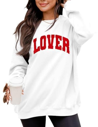 LETSEE Women Valentine Sweatshirt Glitter Patch Lover Letter Pullover Tops Crewneck Lover Chenille Patch Long Sleeve Tops(White, XX-Large) - Image 1