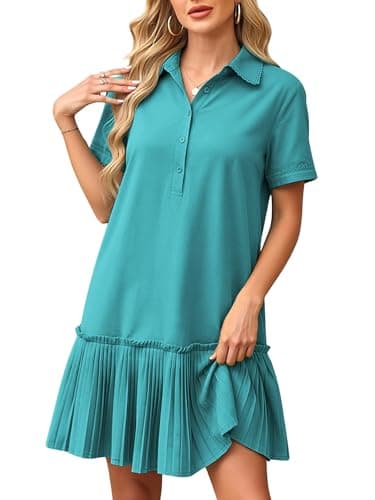 ECOWISH Women Summer Shirt Dress- V Neck Short Sleeve Casual Shift Dresses Button Down Mini Dresses with Pocket Jade Green S - Image 1