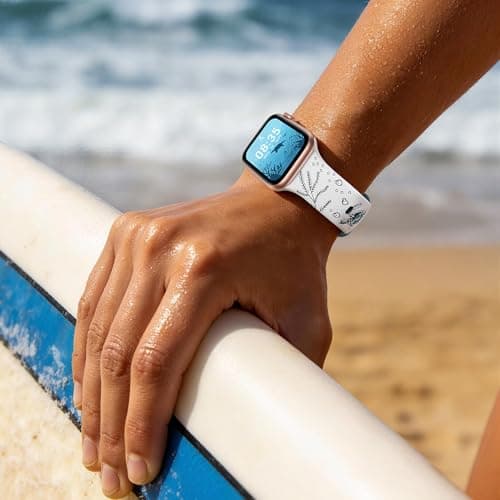 HMFCBFSS Engraved Cute Sea Turtle Band Compatible with Apple Watch Bands for Women Men 38mm 40mm 41mm 42mm, Stylish Two-Tone Floral Soft Silicone Sport Strap Fit iWatch Series 11 10 Se 9 8 7 6 5 4 3 2 1 (White/Green, 38mm/40mm/41mm/(42mm-Series 11 10) - Thumbnail 6