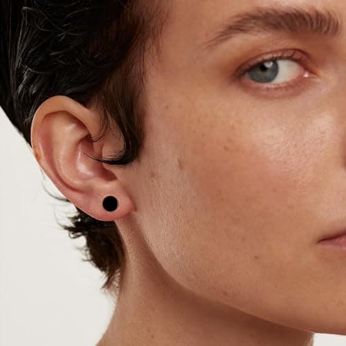 Hypoallergenic Black Dot Stud Earrings for Men Women, Flat Back Stainless Steel Cartilage Piercing Ear Tunnel 5mm-10mm (6Pairs-Black-Studs) - Thumbnail 3