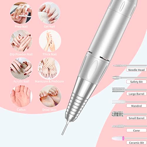 MOCOWIND Portable Nail Drill Professional 35000 RPM, Rechargeable Electric Nail File Machine Cordless E-File for Acrylic Gel Polishing Removing with Bits Kit for Manicure Salon Home, Pink - Thumbnail 2