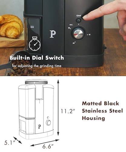 PALICO Aroma Coffee Grinder - 48mm Stainless Steel Conical Burrs, 17 micro-adjustable grind settings, 250g Bean Hopper Capacity, removable burrs & hopper, low RPM motor (Matt Black) - Thumbnail 5