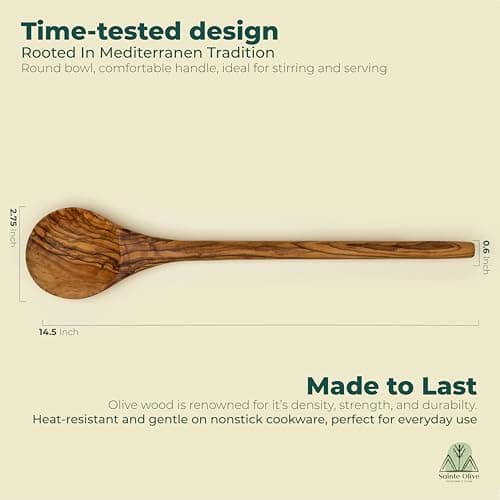 Sainte Olive 14.5 Inch Handmade Natural Olive Wood Cooking Spoon, Heat Resistant, Perfect for Nonstick Pans and Deep Pots - Thumbnail 2