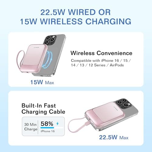Magnetic Power Bank 10000mAh, Wireless Portable Charger with 15W Max Fast Charging & Built-in USB-C Cable, 22.5W PD LED Display Battery Pack Compatible with iPhone 17/16/15, Samsung Galaxy(pink) - Thumbnail 2
