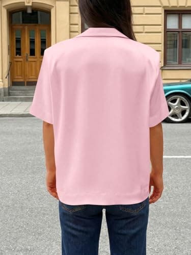 Cicy Bell Womens Summer Satin Button Down Shirts Silk Short Sleeve V Neck Casual Dressy Tops Loose Fit Collared Work Blouse Pink - Thumbnail 6