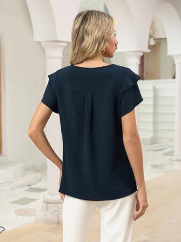 Funlingo Womens Dressy Casual Blouses Summer Ruffle Short Sleeve Tops Crew Neck Pleated Front Shirts Business Casual Outfits 2026 Deep Blue S - Thumbnail 4