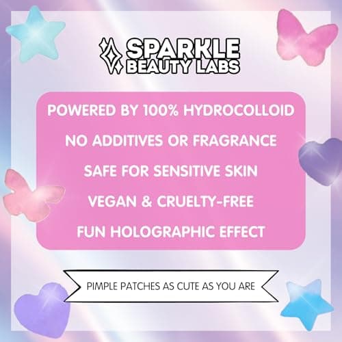 Sparkle Beauty Labs Heal & Conceal Pimple Patch - Cute Holographic Heart Shaped Acne Patches, Fun Hydrocolloid Zit Stickers for Face (Iridescent Hearts, 78 Count) - Thumbnail 4