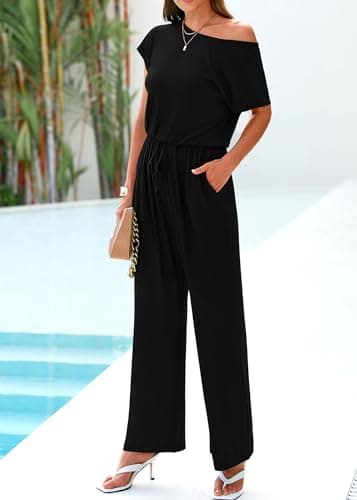 KIRUNDO Black Jumpsuits for Women Casual Summer Loose One Piece Outfits Off Shoulder Wide Leg Jumpsuit Overalls Stretchy Long Pant Rompers with Pockets 2025(Black, X-Large) - Thumbnail 6