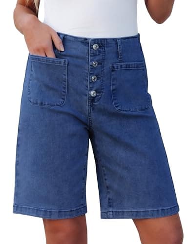 luvamia Button Fly Long High Waisted Bermuda Shorts for Women Classic Blue Denim Shorts Women High Waisted Denim Bermuda for Womens Casual Size X-Large Fits Size 16 18 - Image 1